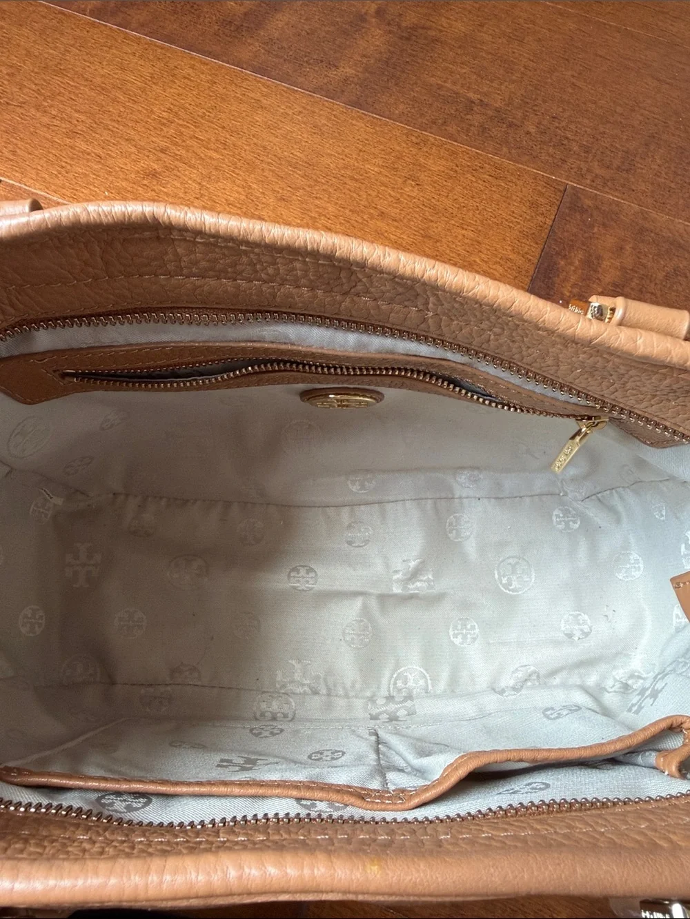 Tory Burch Cognac Pebbled Leather Tote with Logo Medallion